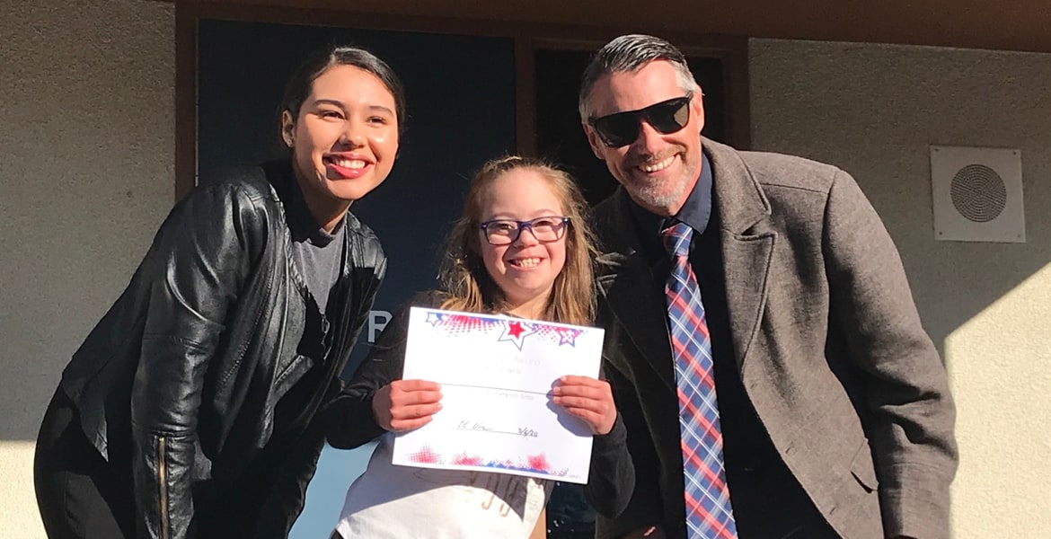 (Left to Right) Newport Pacific Land Co. Representative Katia Tapia, Freedom Crest Elementary SOAR Student Kaitlyn Kennan, and Principal Eli Orr